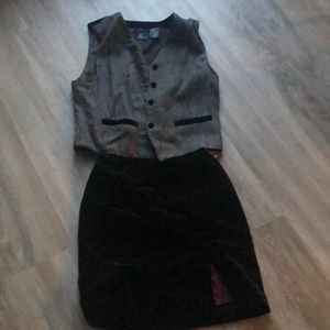 Black Velvet Skirt, Tweed vest with black velvet buttons, back & pocket accents